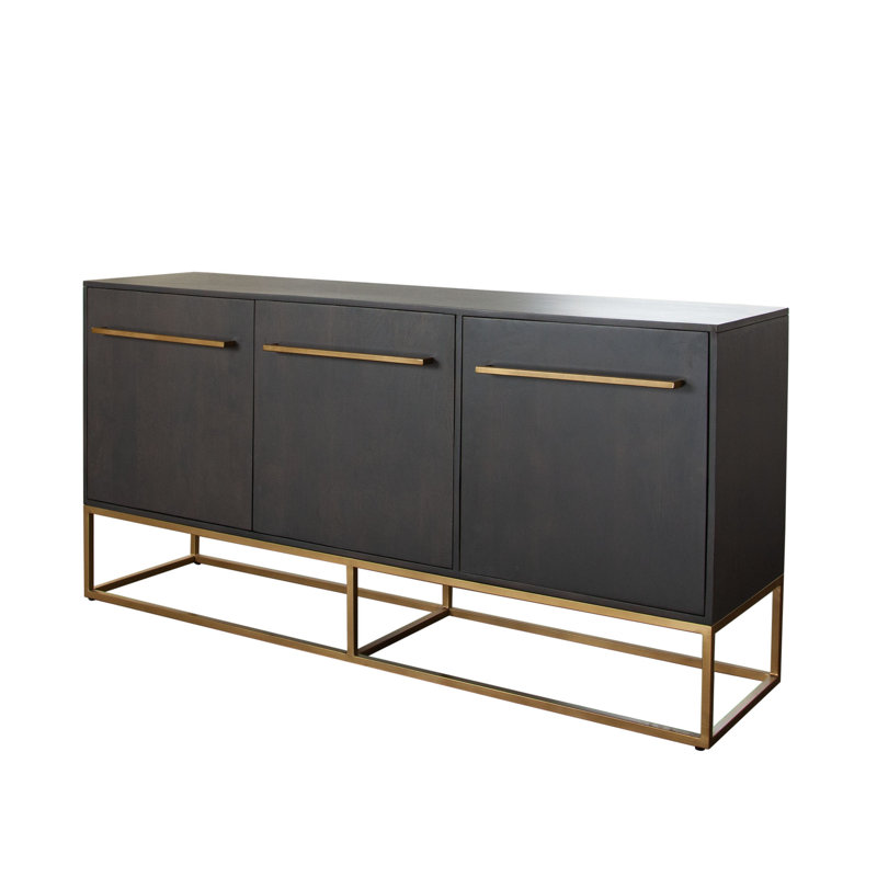 Encore Solid Mango Wood 3-Door Sideboard In Grey Oak Finish W/ Gold Metal Handle & Base
