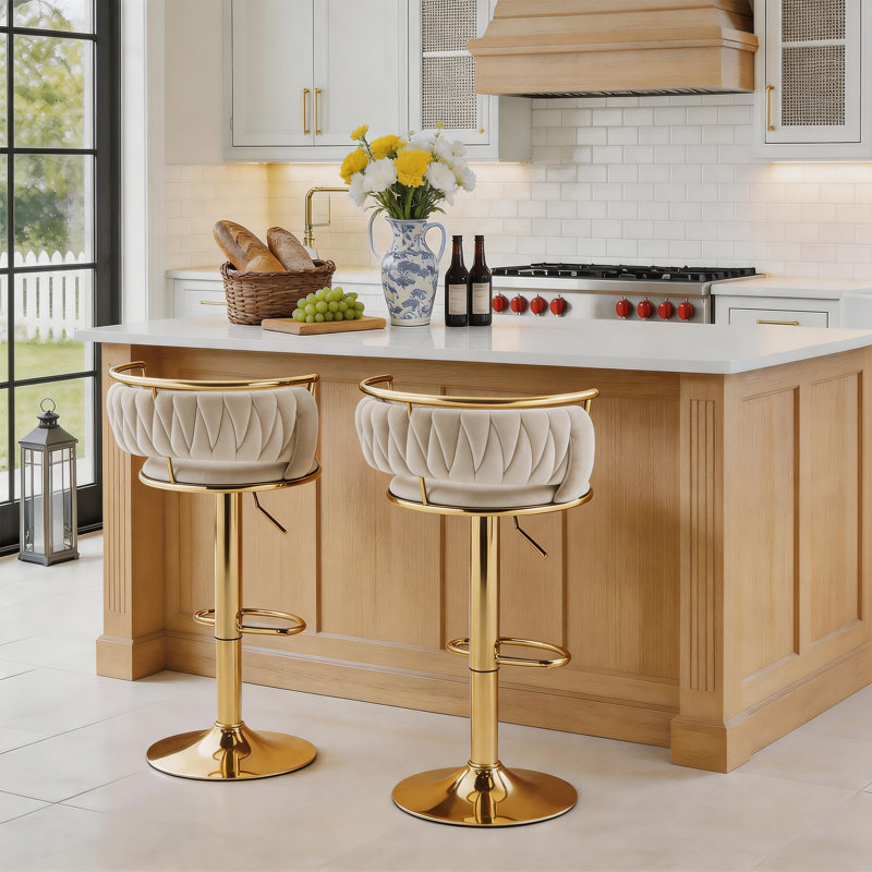 Christal Swivel Upholstered Adjustable Height Counter Stool, Ivory, Gold