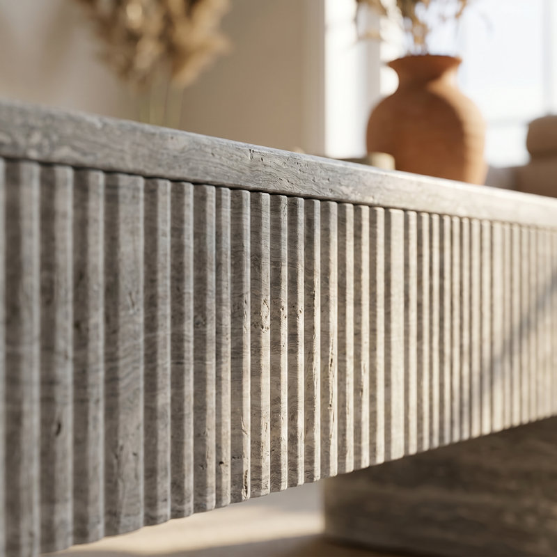 Table basse de style Mid-Century moderne avec texture en bois gris, tiroir cannelé, conception ovale peu encombrante pour le salon et le bureau