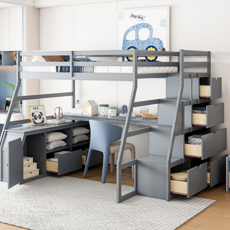 Lit mezzanine pleine grandeur gris avec 7 tiroirs, 2 tablettes et un bureau - Clôture unique en forme de charme de chambre à coucher avec trois couleurs