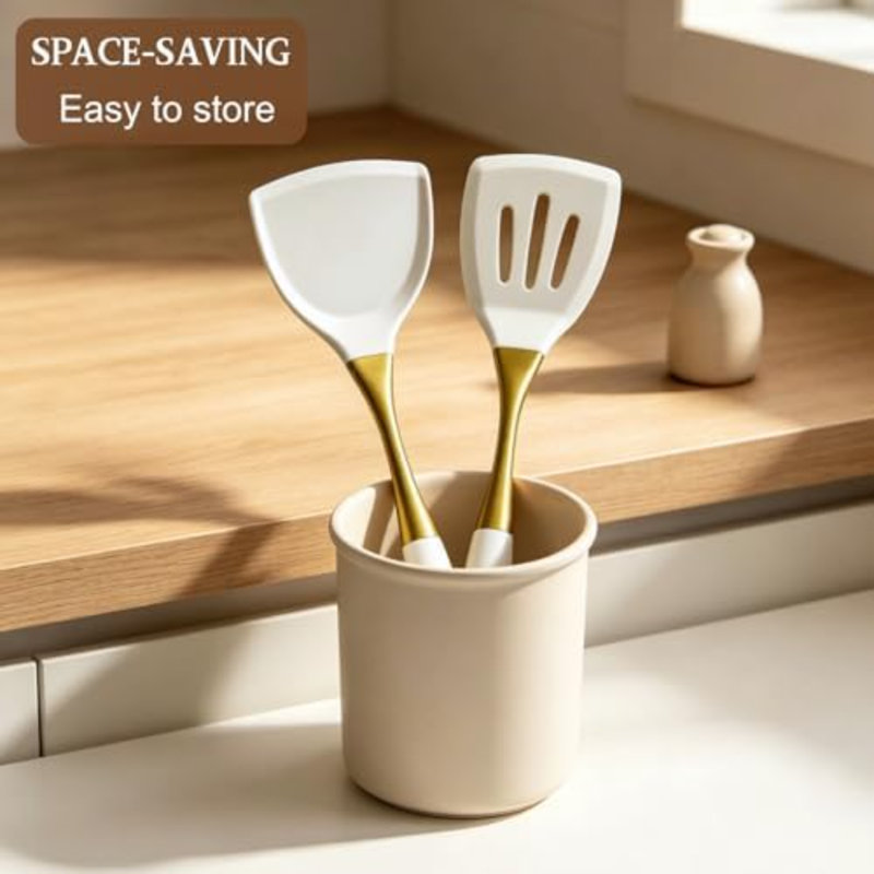 Ensemble de spatules de cuisine résistantes à la chaleur – Ustensiles de cuisine non toxiques avec modèles pleins et ajourés – Silicone de qualité alimentaire et manches en acier inoxydable plaqué or – Idéal pour les ustensiles de cuisine antiadhésifs, couleur or