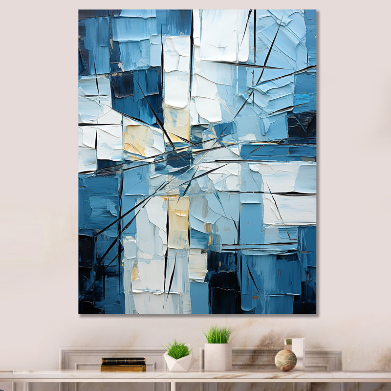 Cubisme bleu et blanc - Formes abstraites, impressions sur toile, Toile tendue, H 32 po x l 16 po x P 1 po