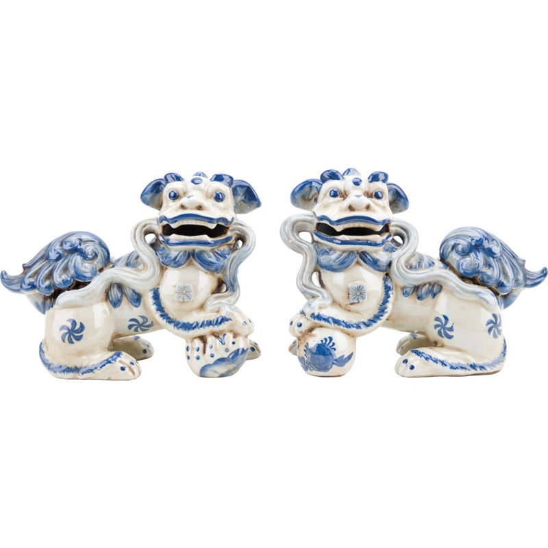 Small Pair of Lucky Foo Dog Figurine, Blue/White, 6.5" H x 8.5" W x 4" D