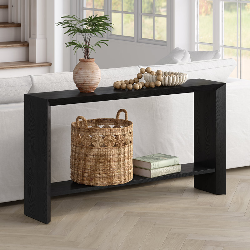 Osman Rectangular Console Table in Antiqued Grey Oak, 30" H x 55" W x 11.63" D, Black