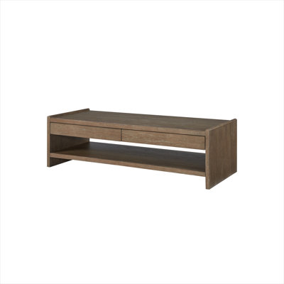 Classic brown solid and manufactured wood rectangular cocktail table with two drawers and open shelf, streamlined contemporary profile for living rooms