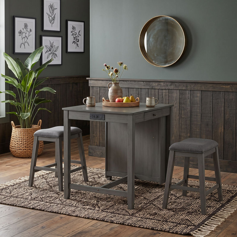 Ensemble de table de bar moderne avec prise de courant intégrée, tiroirs latéraux, tablettes de présentation et tabourets