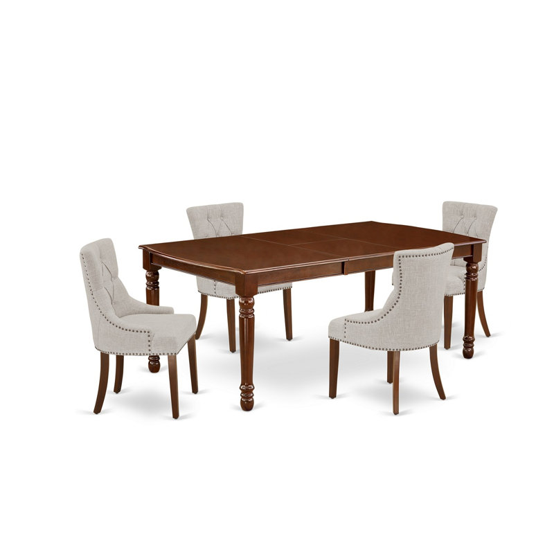 5 Piece Dinette Set Includes a Rectangle Dining Table with Butterfly Leaf and 4 Doeskin Linen Fabric Parson Dining Room Chairs, 42x78 Inch, Mahogany