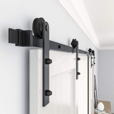 Ensemble de quincaillerie de porte de grange à double porte LAZ en acier noir standard (portes non incluses)