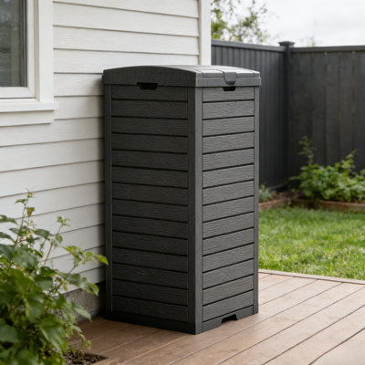35 Gallon Outdoor Trash Can With Removable Base Tray, Weather Resistant Resin
