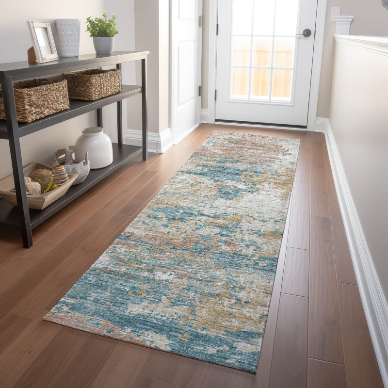 Premium Machine Washable Hintzen AMF69 Teal Rug, Runner 2'3" x 7'6"