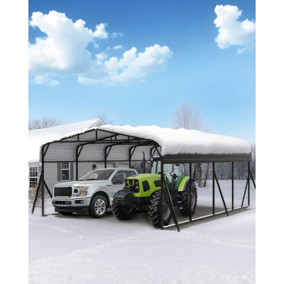 Abri d'auto robuste en métal l 20 pi. X P 20 pi. Abri d'auto d'extérieur avec toit en fer, abri d'auto durable pour voitures, camions, bateaux et équipement d'extérieur, assemblage facile et rapide