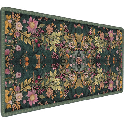 Floral Aesthetic Wildflower Gaming Mouse Pad, Forest Green Rug Desk Mat with Anti-Slip Base & Stitched Edges,35.4" x 15.7" in Desk Accessories for Women, Home Office Decor & Artistic Gift