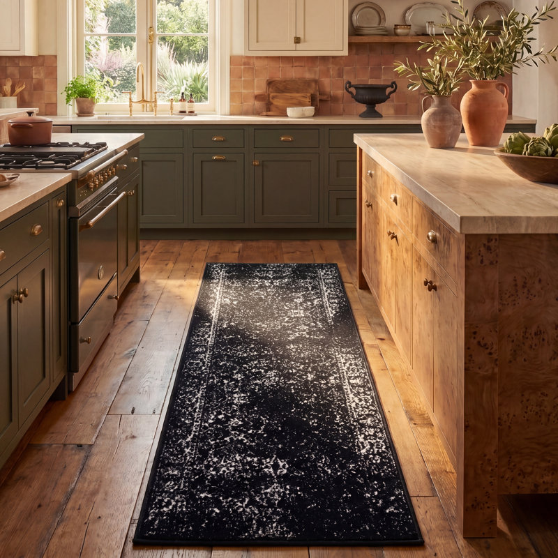 Ellarene Adirondack Blossom Vine Area Rug In Black & Ivory, Runner 76 X 183 cm