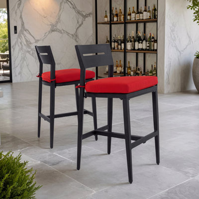 Set Of 2 Modern Outdoor Patio Barstools, Aluminum With Ergonomic Backrest, Tapered Legs, Footrest, Ember Black, Sunbrella Cushion, Weather-Resistant
