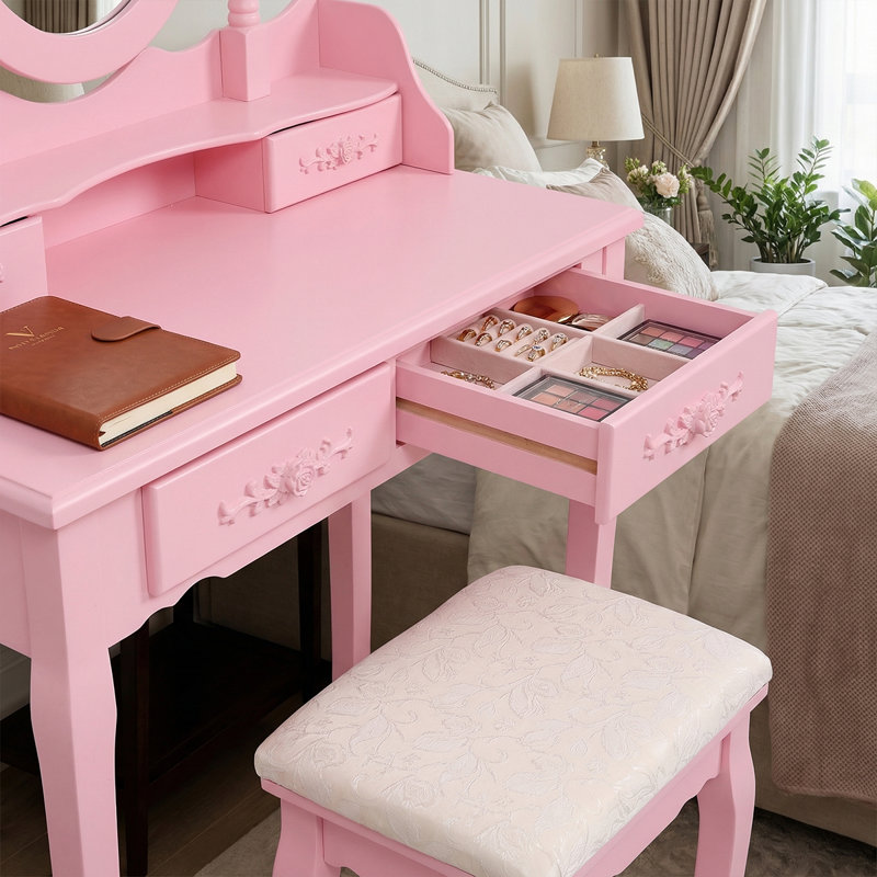 Makeup Vanity Table Set With 360Â° Mirror & Cushioned Stool - 4-Drawer Bedroom Dressing Desk, Pink