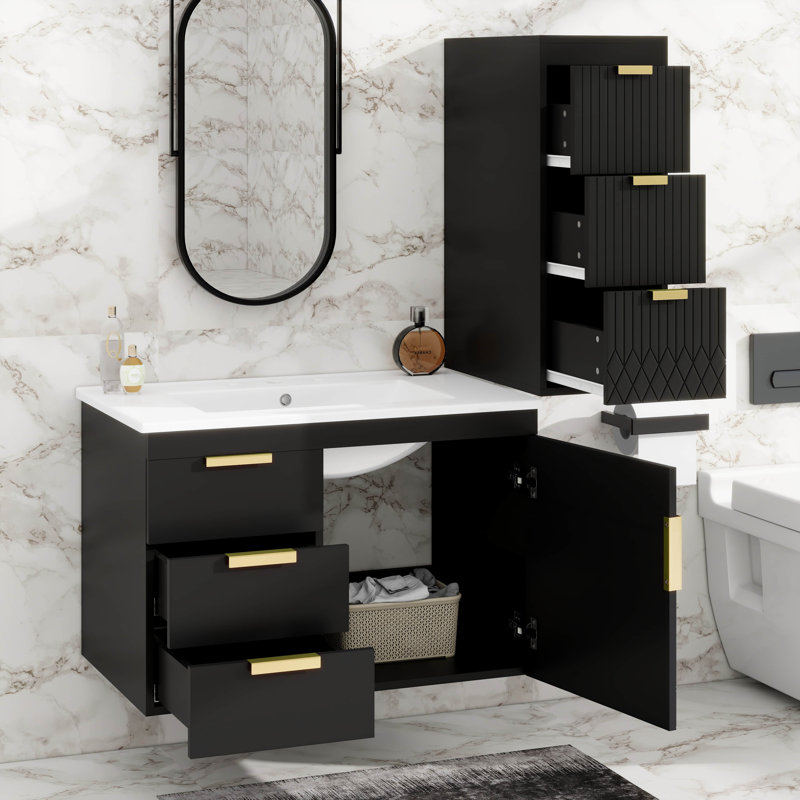 Meuble-lavabo flottant mural 30 po avec armoire latérale, Noir