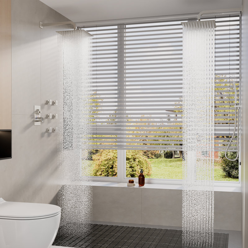 Dual Shower Head Thermostatic Rainfall Shower System with Rough in-Valve and Shower Body Spray, Brushed Nickel