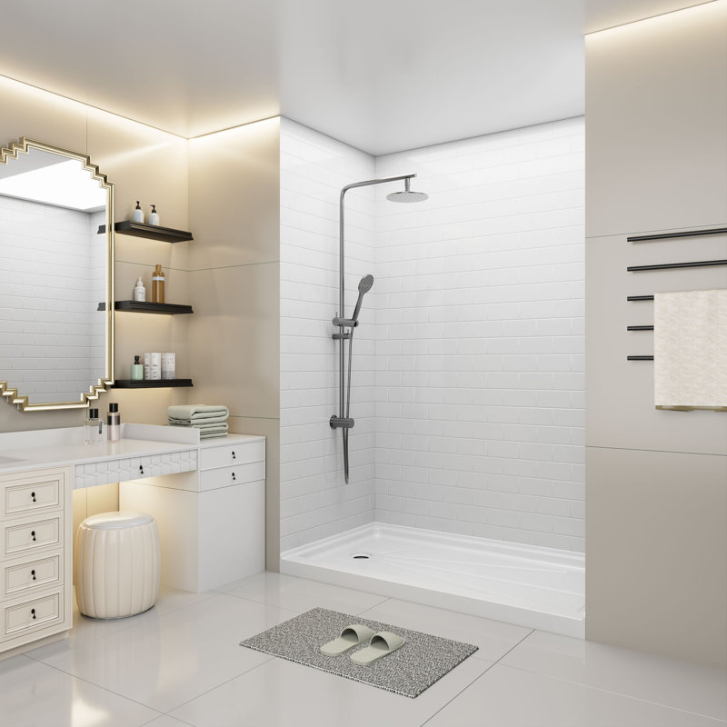 60" W x 32" D x 96" H 3-Piece Tub and Shower Wall Panels Acrylic Shower Surround Kit with White Small Tiles
