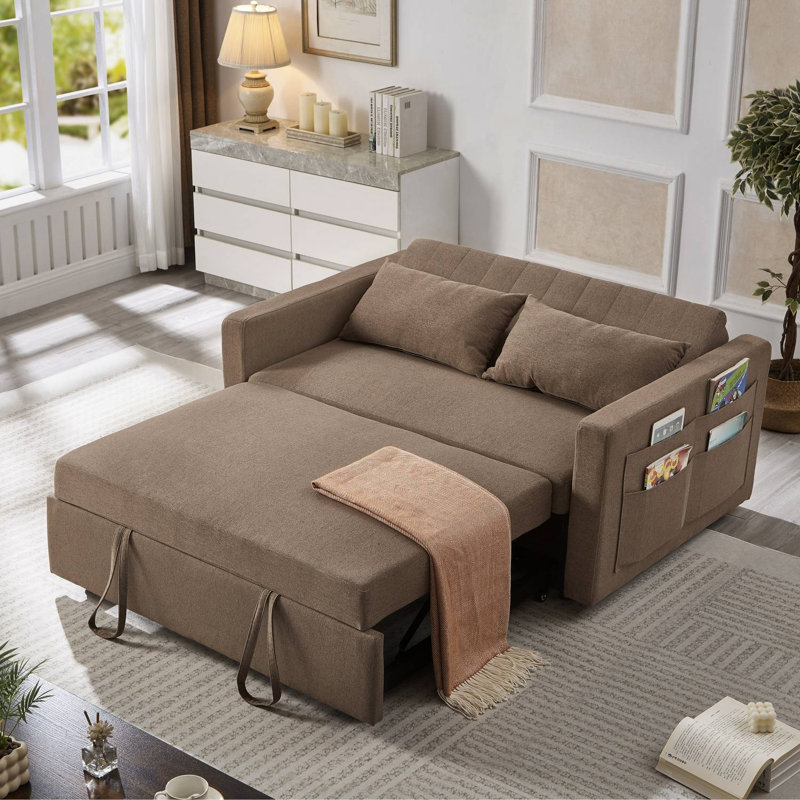 Lateresa 54'' Small Loveseat Pull-Out Sofa Bed - Adjustable Backrest With 2 Soft Pillows, Brown