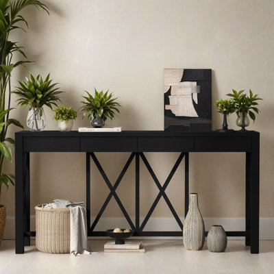 Console en placage d'acacia 60,11 po avec 4 tiroirs, canapé de hall d'entrée de style moderne Crisscross pour le salon, le couloir
