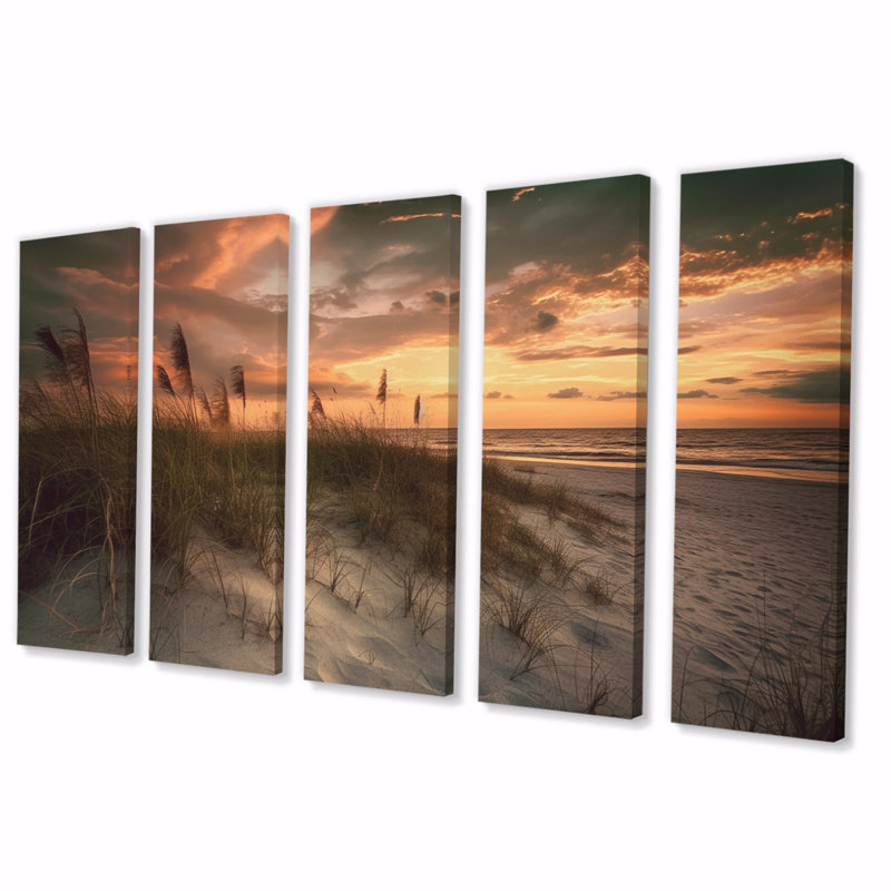 Sandy Sunset I - reproduction d'art sur toile côtière - 5 panneaux égaux