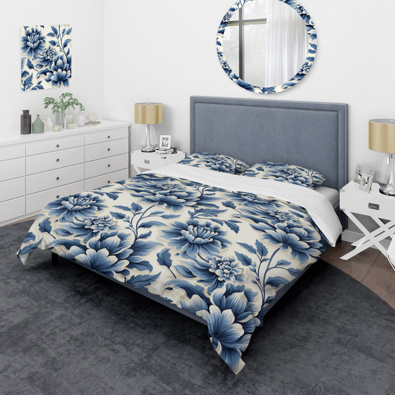 Ensemble de housse de couette damassé Serenity I - damassé bleue, Housse de couette simple + 1 taie décorative stan