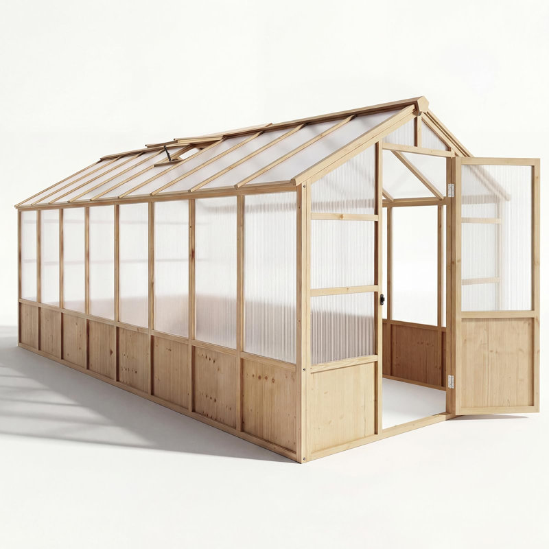 Large Cedar Wood Walk-In Greenhouse for Outdoor Garden with Lockable Door, Adjustable Roof Vent, Polycarbonate Panels & UV Protection for Backyard or Patio, 8x16 FT (Light Brown)