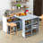 Roll-Away Kitchen Island With Extension Table, LED Lighting, Electrical Sockets, 2 Recessed Glass Doors With Storage Compartments And 3 Open Shelves On The Sides.