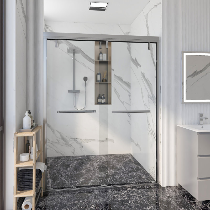 Porte de douche coulissante double demi-cadre l 56 po x H 76 po x H 76 po avec verre trempé de 0,31 po (8 mm) Accessories Accessoires en acier inoxydable