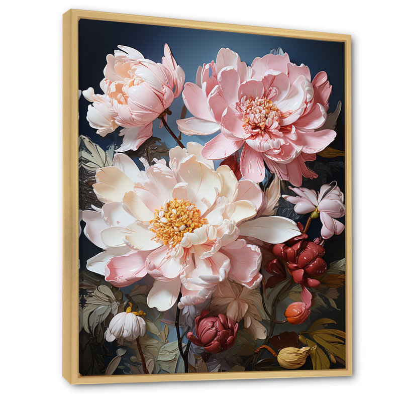 Art pivoines roses sur fond de fleurs sur toile, Cadre naturel flottant, H 20 po x l 12 po x P 1 po