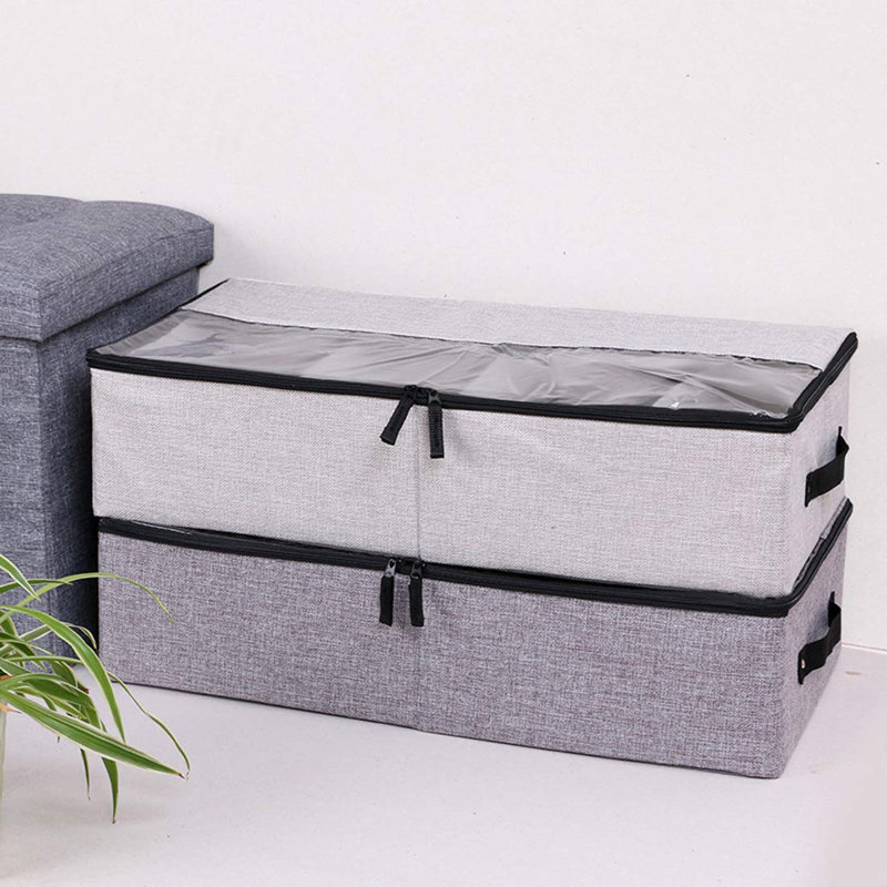 Ensemble de 2 paniers pliables sous le lit avec couvercles, bacs de rangement sous le lit avec poignées et fenêtre transparente (gris + gris clair)