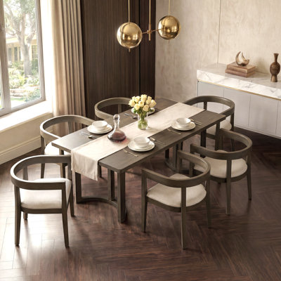 7-Piece Dining Table Set for 6, Rectangular Kitchen Table with 6 Upholstered Barrel-Back Chairs, Wood Grain Dining Set for Dining Room
