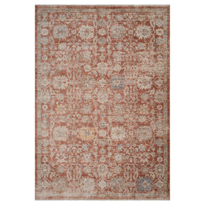 5' X 7' Brick Red And Gray Floral Medallion Area Rug With Fringe