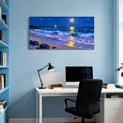 Landscape & Nature Moonlit Ocean Waves Sailboat Stars Night Sky Beach Rocks
