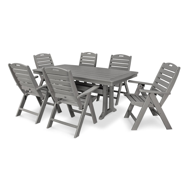Nautical Folding Highback Chair 7-Piece Dining Set with Trestle Legs, Slate Gray