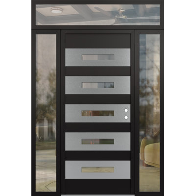 D9 Left-Hand 68 In. X 96 In. Panel Silver Steel Black And Black Clear Glass With 2 Sidelites And Transom Clear Glass Prehung Front Entry Door