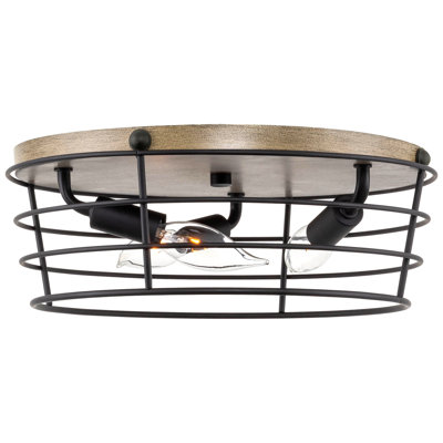Plafonnier encastré de style campagne moderne 3 lumières Hetvik 12,5 po + abat-jour cage en métal rond, style bois de bouleau fumé + finition noire