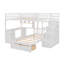 Lit superposé double au-dessus de simple avec bureau, tiroirs et tablettes, blanc