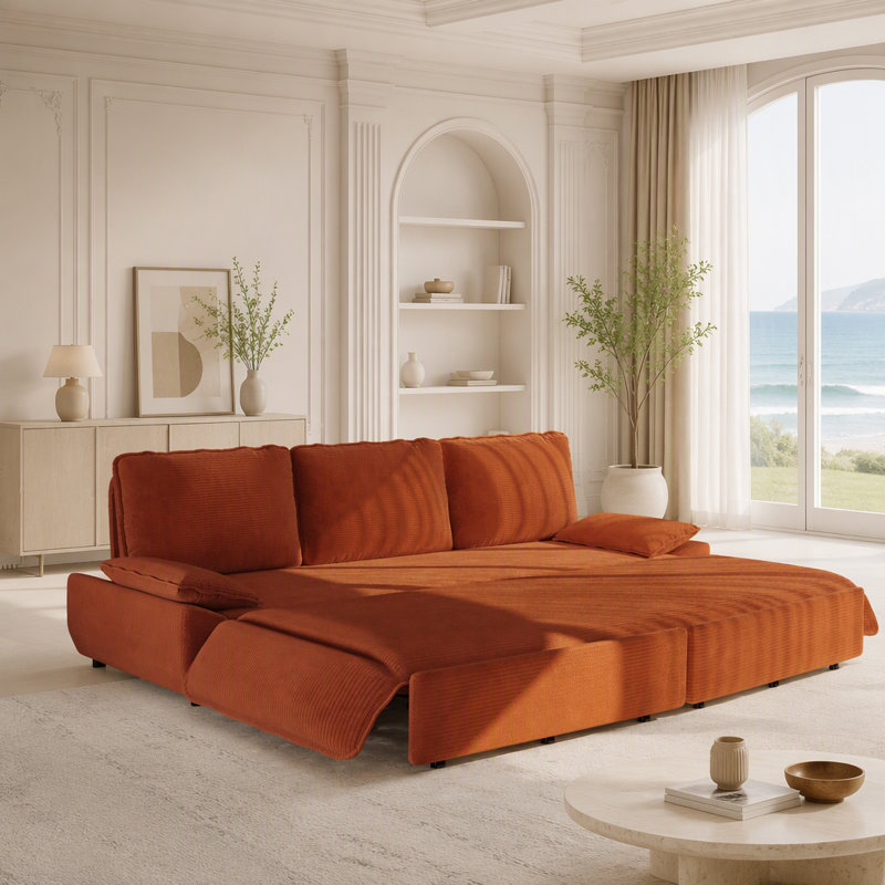 Canapé-lit convertible en velours côtelé 94,5 po très grand 94,5 po, multifonctionnel et confortable, Orange