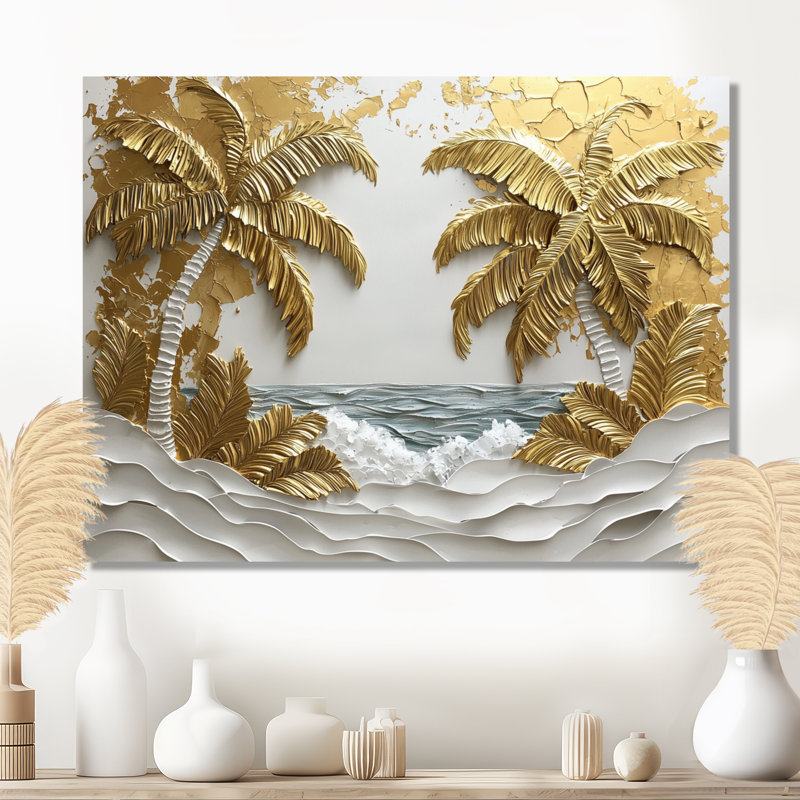 Golden Cream Palms On The Beach I - impression de palmiers sur métal, H 12 po x l 20 po