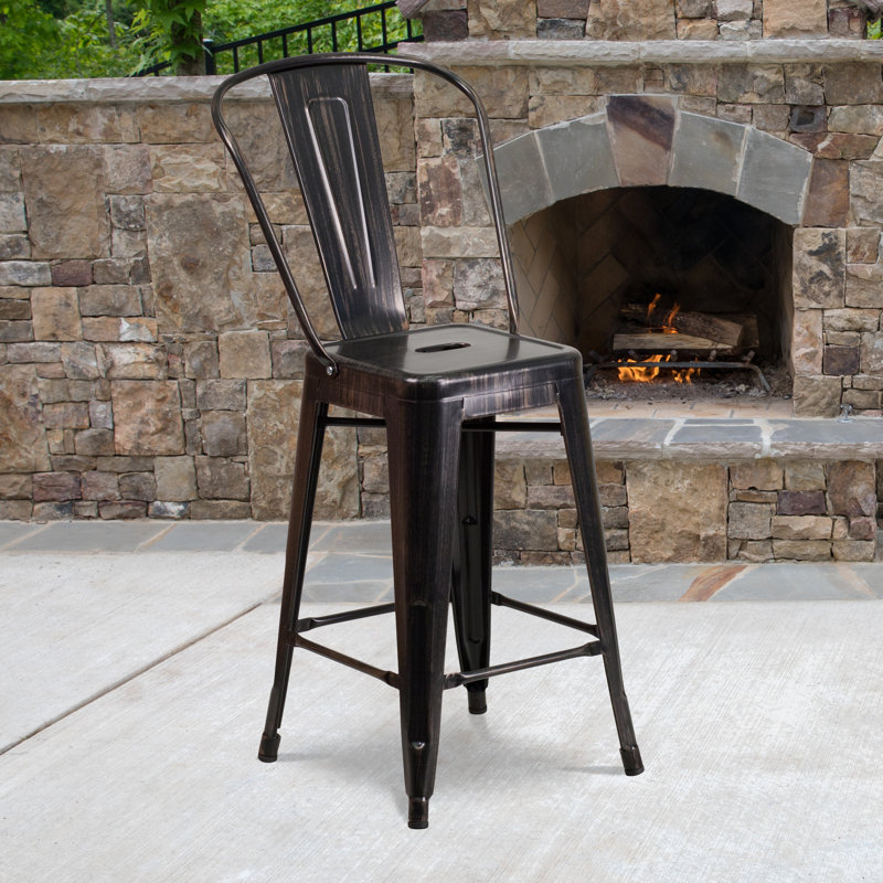 Iddings Metal Indoor-Outdoor Counter Height Stool with Back, Distressed Black/Antique Gold, 1