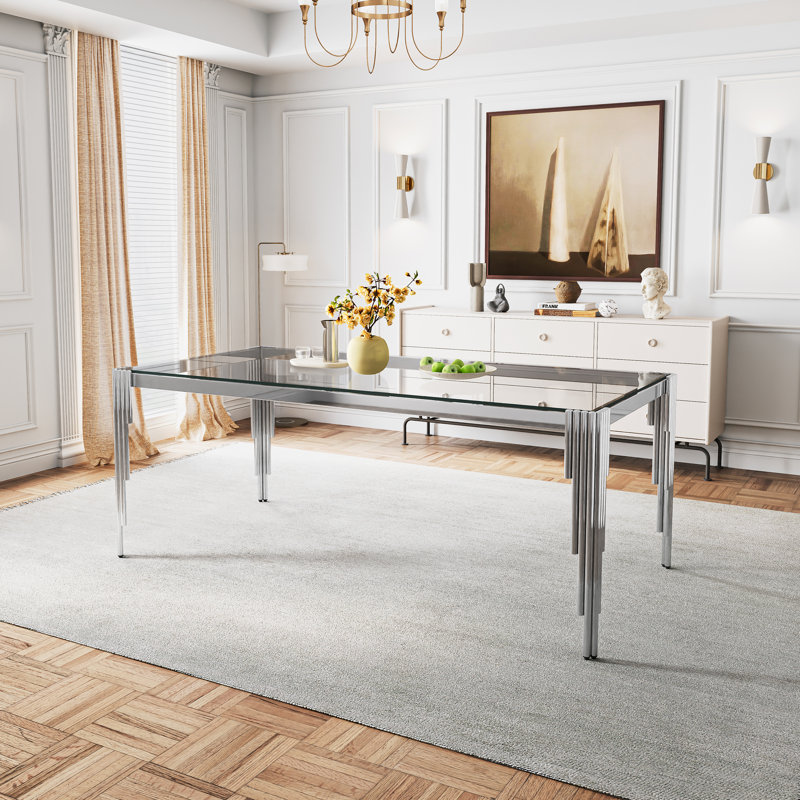 Rectangle Glass Dining Table With Tempered Glass Top & Stainless Steel Legs, 29.53" H x 78.74" L, Clear, Silver