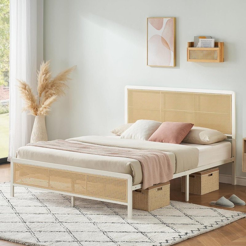 Bundeena Rattan Platform Bed Frame with Headboard with Sturdy Steel Slat Support, No Box Spring Needed, Full, White