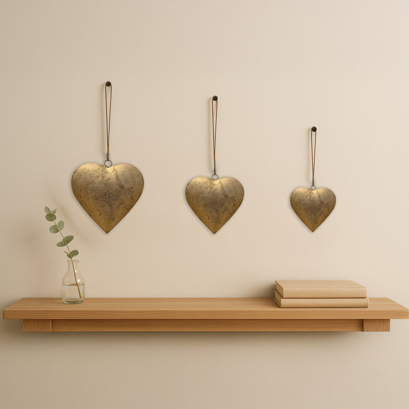 Myri Decorative Metal Heart Wall Decor Set Of 3, Antique Gold Iron With Jute Hanging Rope, 12, 9.5, 7 Inches, Gold