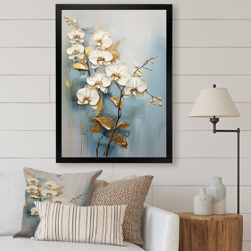 Orchidées beiges et dorées sur toile, Cadre simple noir, H 40 po x l 30 po x P 1,5 po