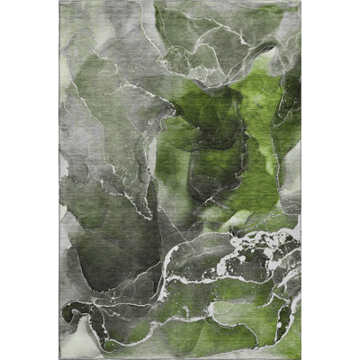 3' X 5' Green And Charcoal Abstract Washable Area Rug With UV Protection