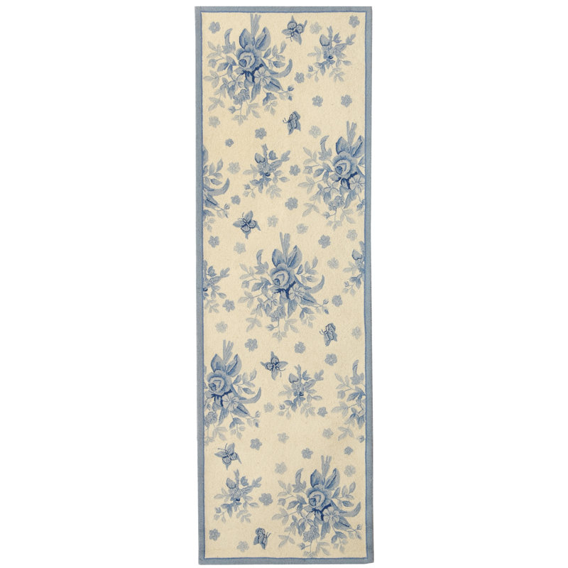 Tapis bleu en laine crocheté à la main Fonzell, Tapis de couloir 2 pi 6 po x 12 pi