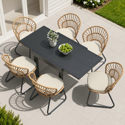 6-Person Metal Outdoor Extendable Dining Set with Aluminum Table, PE Wicker Chairs and Removable Cushions