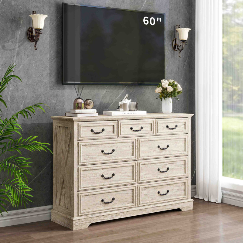 (52" Wide) Farmhouse 9 Drawers Dresser For Bedroom, Natural