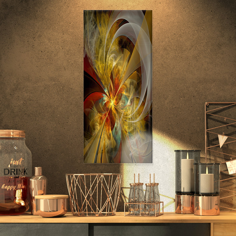 Motif de fleurs symétriques jaune vif - art moderne sur métal, H 28 po x l 12 po x P 2 po
